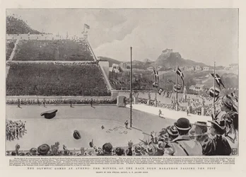 The Olympic Games at Athens, the Winner of the Race from Marathon passing the Post